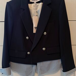 Veronica Beard Navy Double-Breasted Blazer with Striped Hem